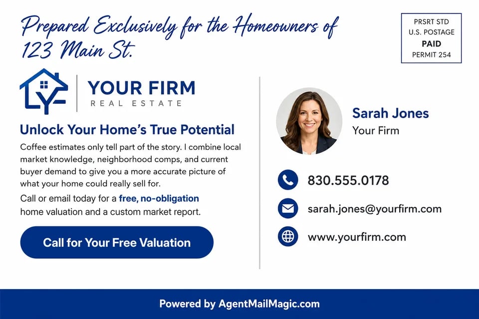 Sample postcard back: brokerage band, personalized message to the homeowner, agent contact info, a tracked phone number, and a “Call for Your Free Valuation” prompt