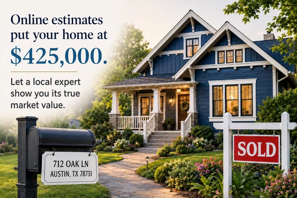 Sample postcard front: AI-personalized real estate postcard with home value, agent portrait, and SOLD sign